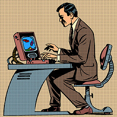 Image showing old man plays a computer game pop art comics ret
