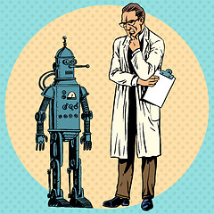 Image showing Professor scientist and robot. Creator gadget retro technology