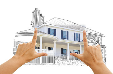 Image showing Hands Framing House Drawing and Photo on White