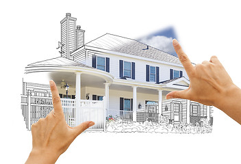 Image showing Hands Framing House Drawing and Photo on White