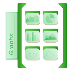 Image showing graphs icons with six types of graphs in green color on white ba