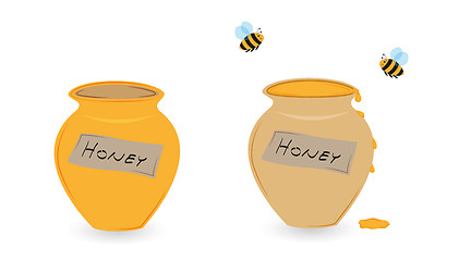 Image showing cup of honey and flying bee