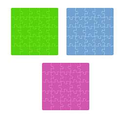 Image showing three color puzzle fields with rounded pieces in the corner on w