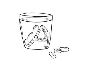 Image showing sketch of the denture in glass and pills