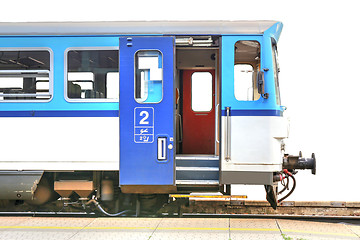 Image showing blue train with open door, isolated