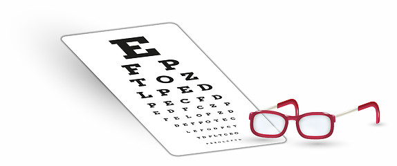 Image showing sharp snellen chart and glasses with shadow on white background