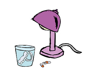 Image showing denture, pills and lamp