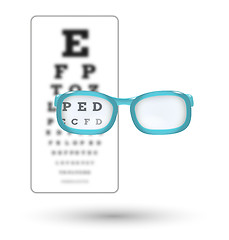 Image showing unsharp snellen chart and sharp letter with glasses on white bac