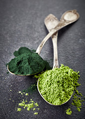 Image showing two spoons of spirulina algae and wheat sprouts powder