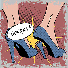 Image showing oops broke heel woman nasty surprise pop art comics retro style 