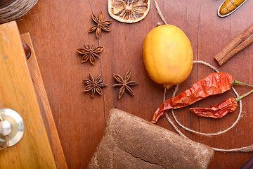 Image showing lemon and cinnamon, bread and red pepper