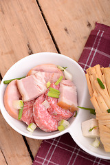 Image showing salami and cheese on white plate