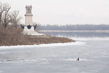 Image showing Lighthouse on peninsula Sarpinsk winter fishing ice g Volgograd