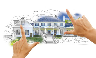 Image showing Hands Framing House Drawing and Photo on White