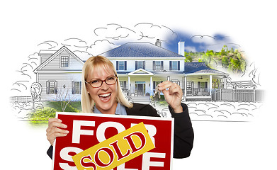 Image showing Woman Holding Keys, Sold Sign Over House Photo and Drawing