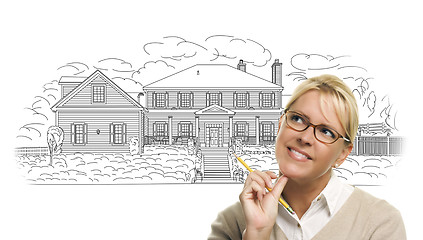 Image showing Woman with Pencil Over House Drawing on White