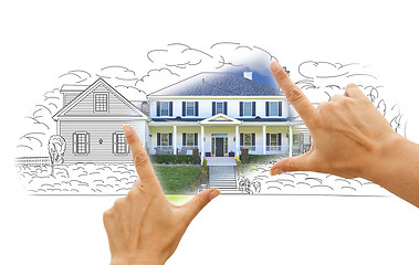 Image showing Hands Framing House Drawing and Photo on White