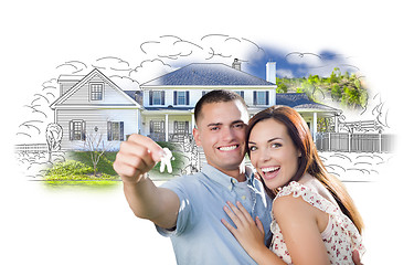 Image showing Military Couple with Keys Over House Drawing and Photo