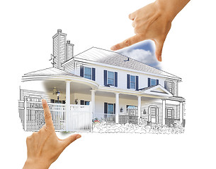 Image showing Hands Framing House Drawing and Photo on White