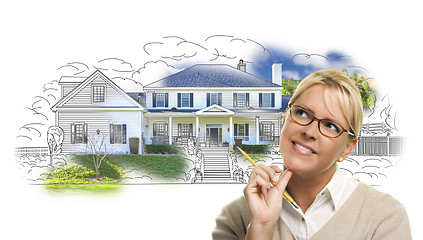 Image showing Woman with Pencil Over House Drawing and Photo on White