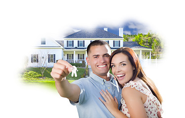 Image showing Military Couple with Keys Over House Photo in Cloud