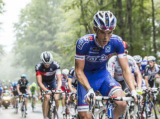 Image showing The Cyclist Cedric Pineau Climbing Col du Platzerwasel - Tour de