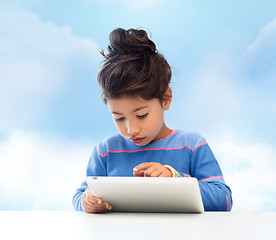 Image showing little girl with tablet pc over sky background