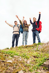 Image showing group of smiling friends with backpacks hiking