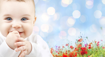 Image showing beautiful happy baby over poppy field background