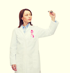 Image showing female doctor with breast cancer awareness ribbon