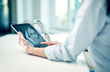 Image showing close up of woman hands with tablet pc at office