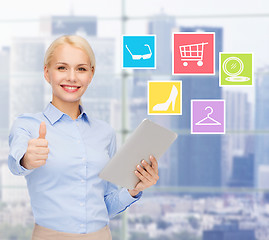 Image showing smiling businesswoman or student with tablet pc