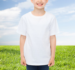 Image showing smiling little boy in white blank t-shirt