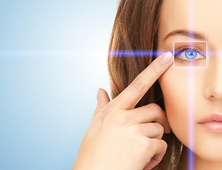 Image showing beautiful woman pointing to eye