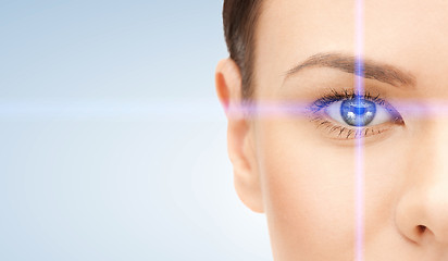 Image showing beautiful woman pointing to eye