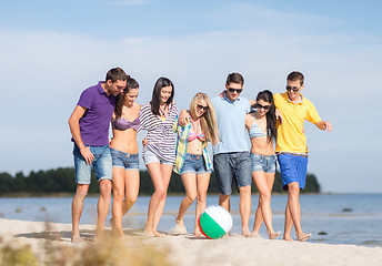 Image showing group of happy friends walking along beach