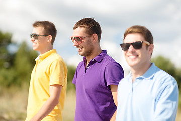 Image showing smiling friends in sunglasses walking at summer