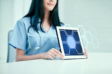 Image showing close up of doctor showing hologram on tablet pc