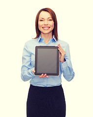 Image showing smiling woman with blank tablet pc computer screen