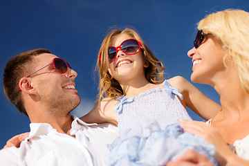 Image showing happy family in sunglasses over blue sky