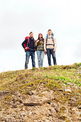 Image showing group of smiling friends with backpacks hiking