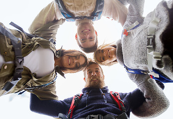 Image showing group of smiling friends with backpacks hiking