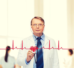 Image showing smiling doctor or professor with stethoscope