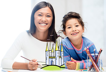 Image showing happy mother and daughter drawing at home