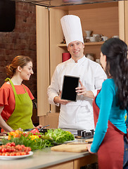 Image showing happy women with chef and tablet pc in kitchen