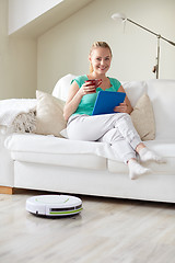 Image showing happy woman with tablet pc drinking tea at home