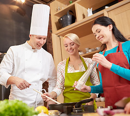 Image showing happy women and chef cook cooking in kitchen