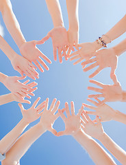 Image showing many hands over blue sky background