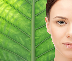 Image showing young woman face over green leaf background