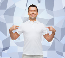 Image showing smiling man in t-shirt pointing fingers on himself